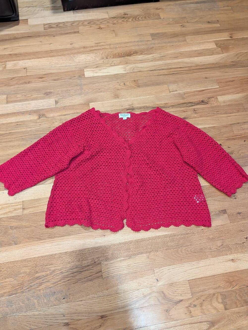 Norm Thompson Red Crochet Open Knit Cardigan 2X Linen Cotton Scalloped Hem